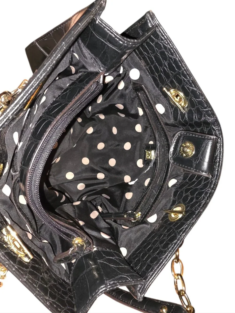 Anne Klein Black Faux Croc-Embossed Tote with Gold Hardware Charm